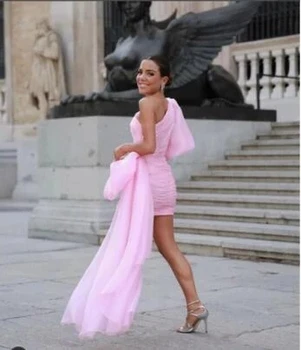 ANGELSBRIDEP Розовое Вечернее платье на одно плечо, платье для выпускного вечера, Короткие пышные рукава, Вечерние платья из органзы в складку, Длина выше колена, молния - Изображение 2  