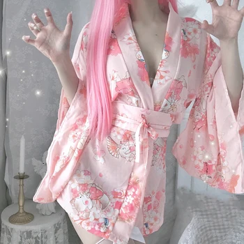 Японское кимоно, банный халат, Сексуальное женское белье, пижамы, нижнее белье, униформа, соблазнительные пижамы, шелковые халаты для женщин, Кимоно, атласный халат - Изображение 2  