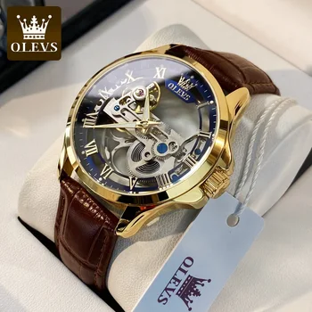 Мужские часы OLEVS, автоматические механические часы, водонепроницаемый кожаный ремешок, роскошные мужские наручные часы со светящейся подарочной коробкой, мужские часы - Изображение 1  