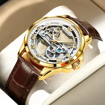 Мужские часы OLEVS, автоматические механические часы, водонепроницаемый кожаный ремешок, роскошные мужские наручные часы со светящейся подарочной коробкой, мужские часы - Изображение 2  