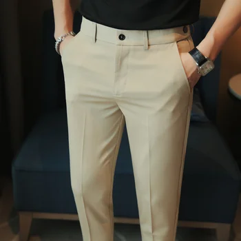 Британский Летний деловой костюм Длиной до щиколотки, брюки для мужчин, одежда 2023, Модные Мужские повседневные офисные брюки с эластичной резинкой на талии, облегающие Женские брюки для фитнеса - Изображение 2  
