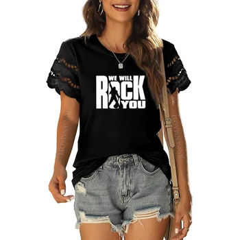 Женская повседневная футболка We Will Rock You с кружевными вставками, футболки Queen Rock Band, женская футболка с круглым вырезом и коротким рукавом для рок-н-ролла - Изображение 1  