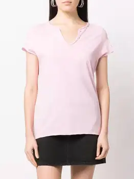 Женская футболка с пуговицами, U-образным вырезом, коротким рукавом, принтом сзади, повседневные хлопковые топы - Изображение 1  