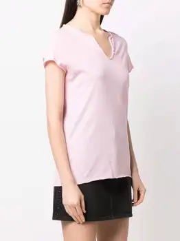 Женская футболка с пуговицами, U-образным вырезом, коротким рукавом, принтом сзади, повседневные хлопковые топы - Изображение 2  