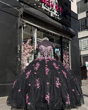 Темно-розовые кружевные аппликации, Черное роскошное пышное платье в виде сердечка 2023 года с бантом, бальное платье Charro, Мексиканское платье, vestido de 15 - Изображение 1  