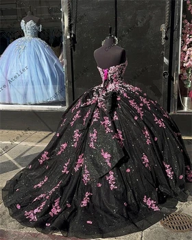 Темно-розовые кружевные аппликации, Черное роскошное пышное платье в виде сердечка 2023 года с бантом, бальное платье Charro, Мексиканское платье, vestido de 15 - Изображение 2  